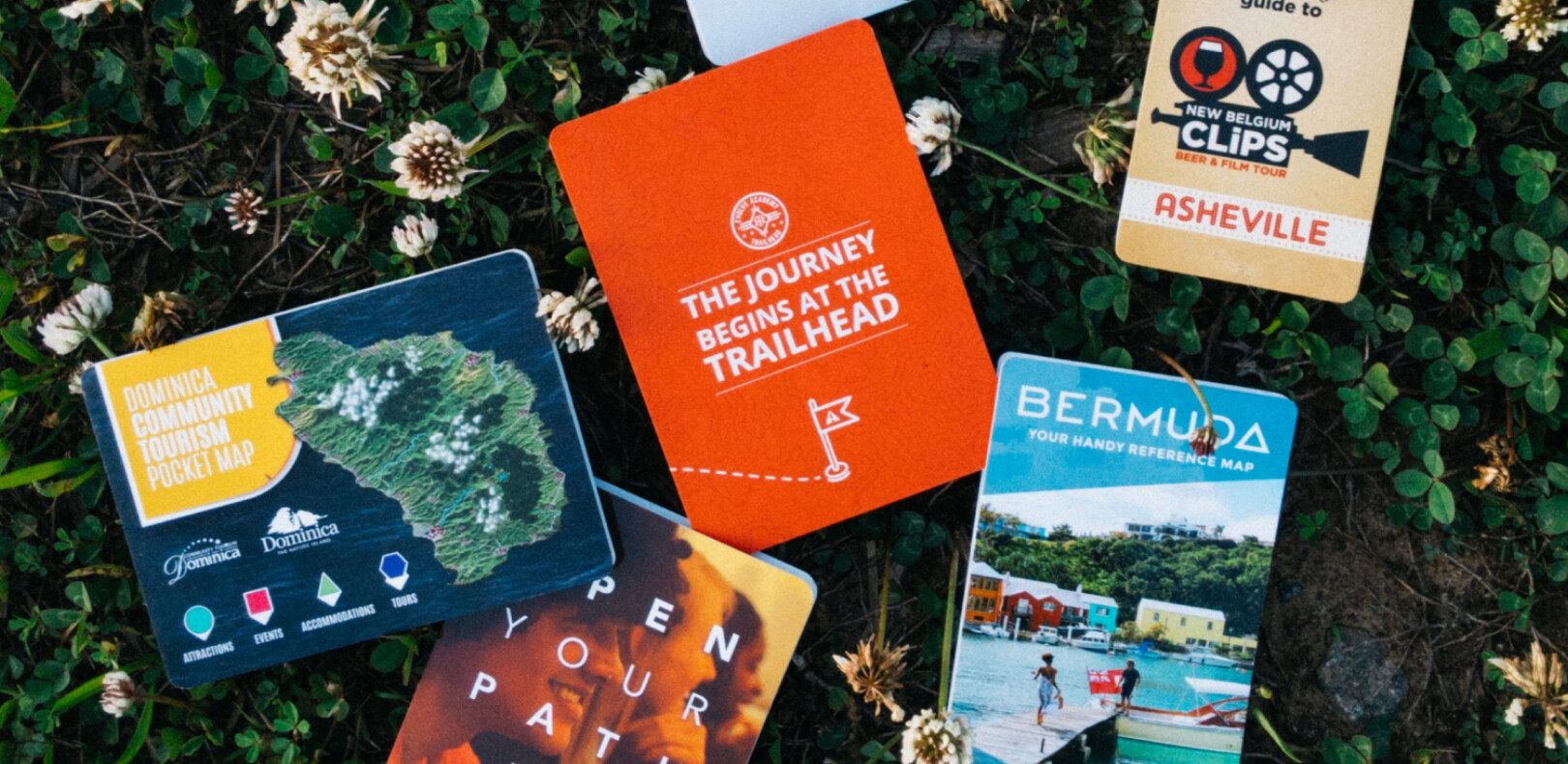 unfolded pocket maps among flowers